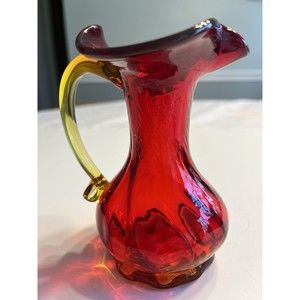 Vintage Kanawha Amberina 5” Glass Pitcher Bud Vase Applied Handle Red Yellow